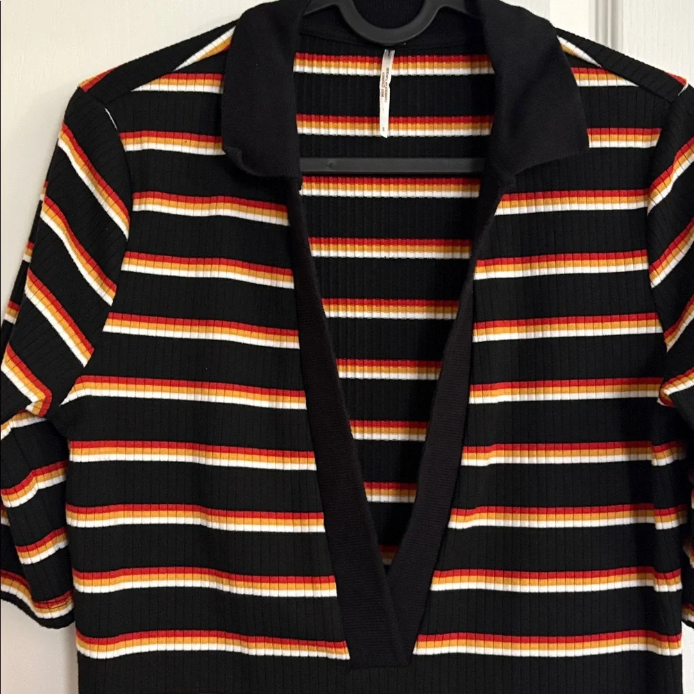 Free People Donna Striped Deep V-Neck Top in Black, Orange, and Cream - Picture 3 of 6